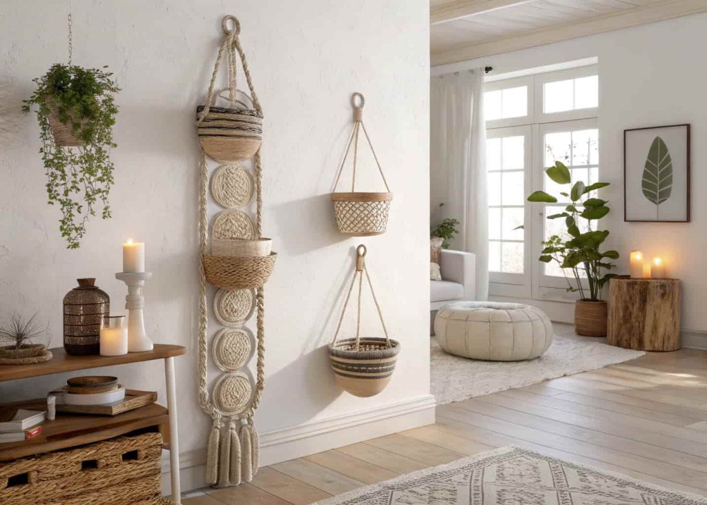 Handwoven baskets suspended in macramé rope hangers at varying heights on a white wall in a bohemian living space