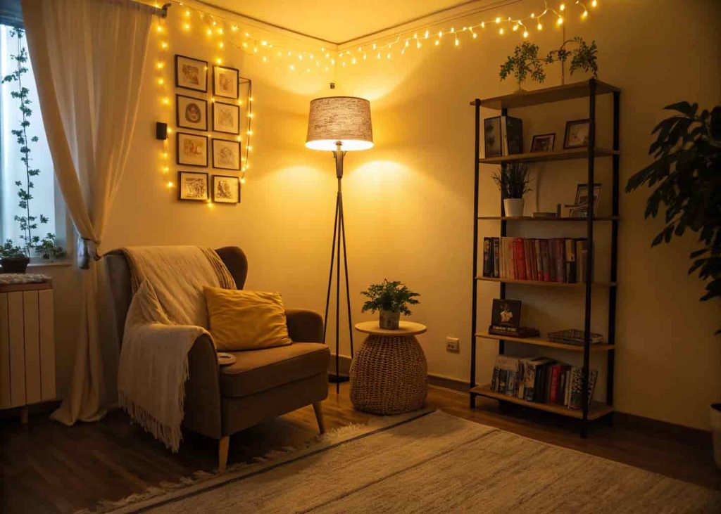 Small cozy living room with layered lighting, warm floor lamp glowing in corner, fairy lights on a bookshelf, table lamp on side table, soft warm yellow atmosphere, evening ambiance, intimate apartment space, no harsh overhead light.