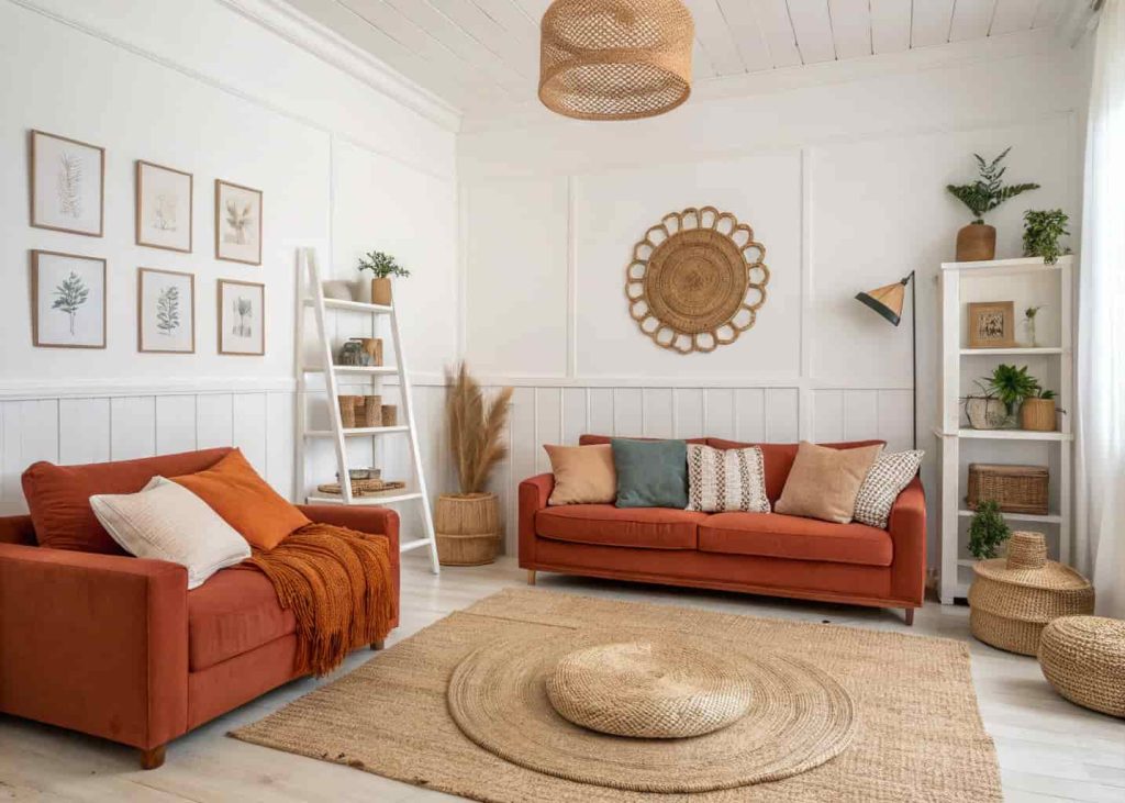 A cozy minimalist living room with a three-color palette of warm white, terracotta, and sandy beige — cushions, rugs, and walls all working harmoniously together