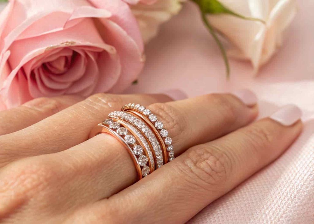Four thin rose gold bridal stacking rings layered together on a woman's finger against a blush pink background.