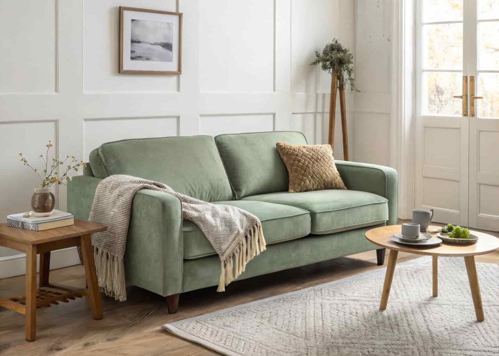 Small apartment living room with a compact two-seater sage green velvet sofa, low profile style, cozy throw blanket draped over the side, small wooden coffee table, minimalist warm decor, soft afternoon light streaming in.