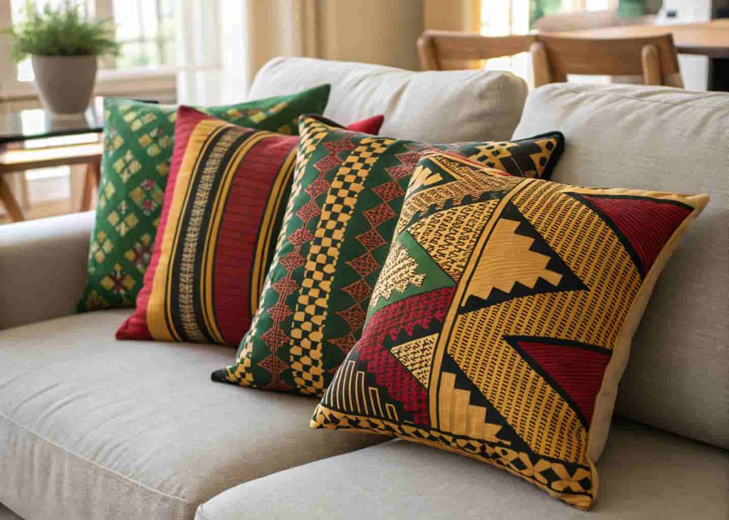 Colorful Kente cloth throw pillows with traditional Ghanaian woven patterns in gold, green and red displayed on a modern grey sofa