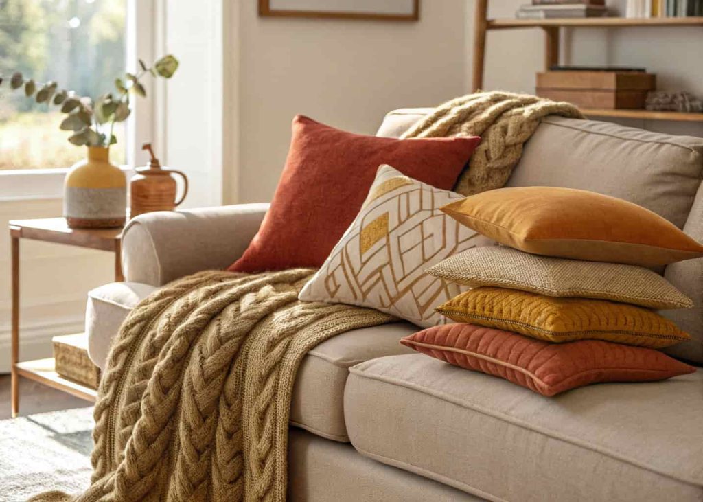Close-up of a cozy sofa in a small living room with layered throw pillows in warm beige, terracotta, and mustard tones, chunky knit blanket draped over the armrest, soft natural light, relaxed apartment interior, warm cozy vibe.