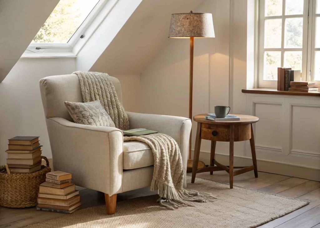 A cozy reading nook in a living room corner with a linen armchair, wooden side table, floor lamp, and a soft throw — a quiet, intentional space for relaxing