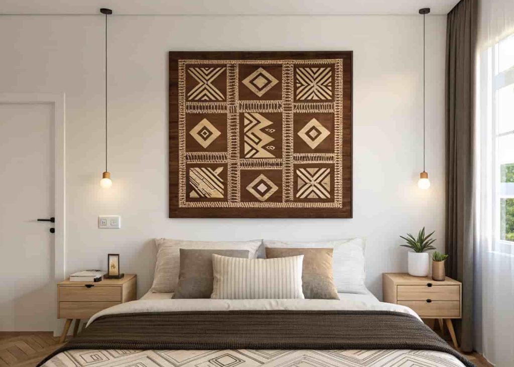 Large framed Malian mud cloth with traditional brown and cream geometric patterns displayed as wall art above a modern minimalist bed