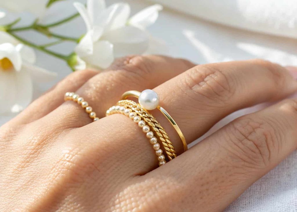 Two dainty thin gold rings with small pearl settings stacked together on a bride's finger against a soft white background.