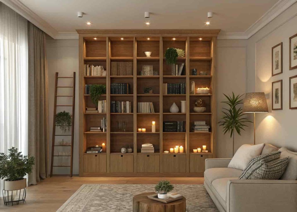 Small living room with tall wooden bookshelves reaching up to the ceiling, neatly styled with books, small potted plants, candles, and decorative objects, warm ambient lighting, minimalist cozy apartment, vertical space used well.