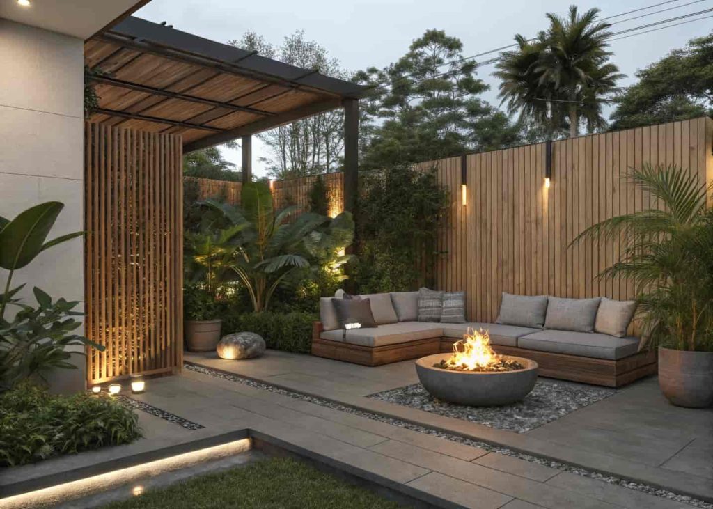 Backyard fire pit lounge with bamboo privacy screen, outdoor sofa, and potted tropical plants creating a secluded intimate seating area.