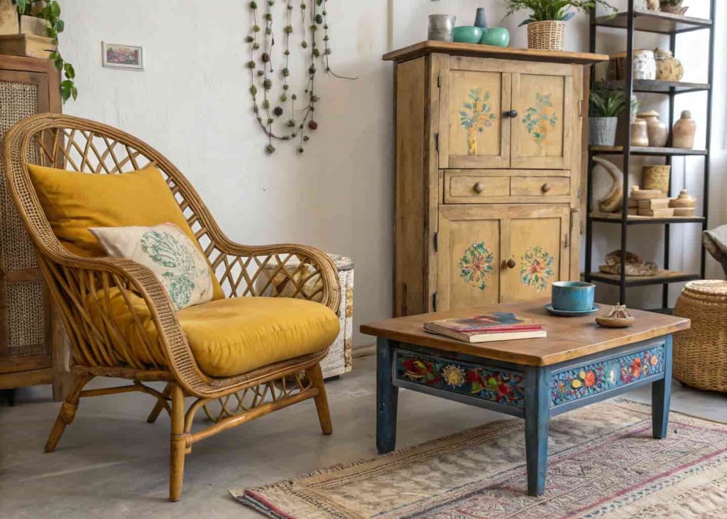 Vintage boho furniture with bright accent cushions and colorful painted details in a warm eclectic room