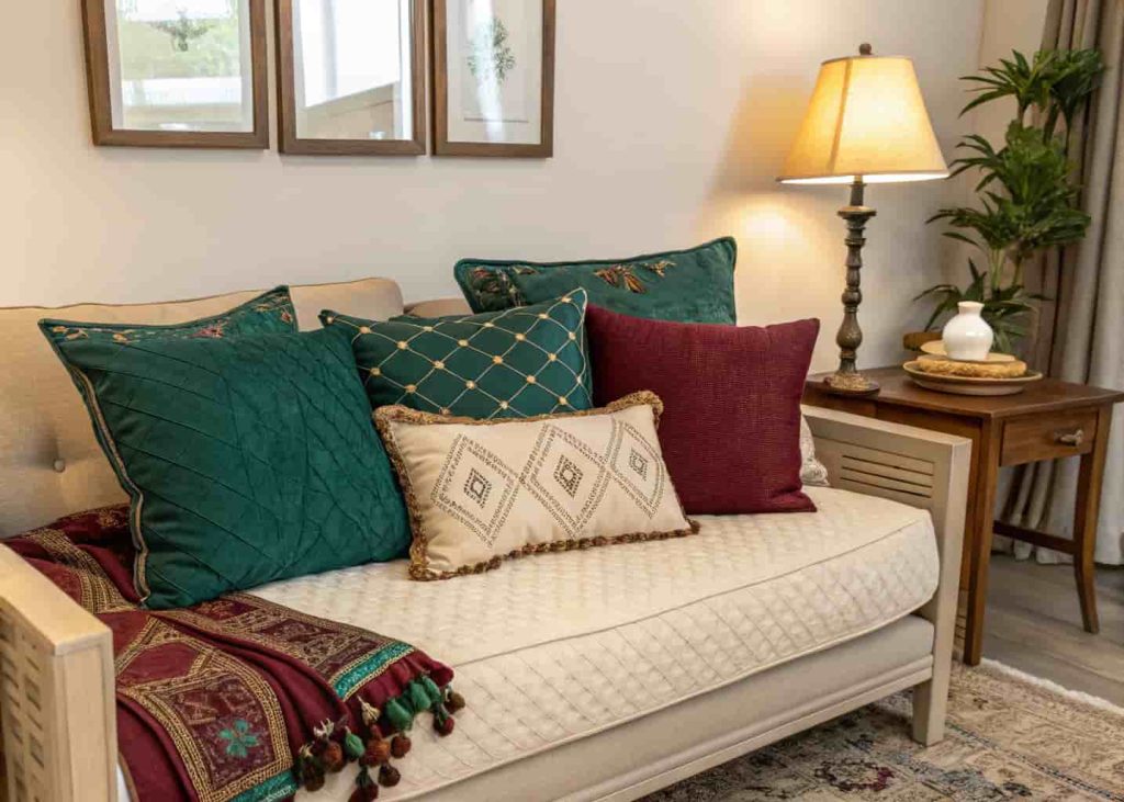 Jewel-toned teal, burgundy, and green boho pillows popping against a neutral beige pillow stack on a cozy couch.