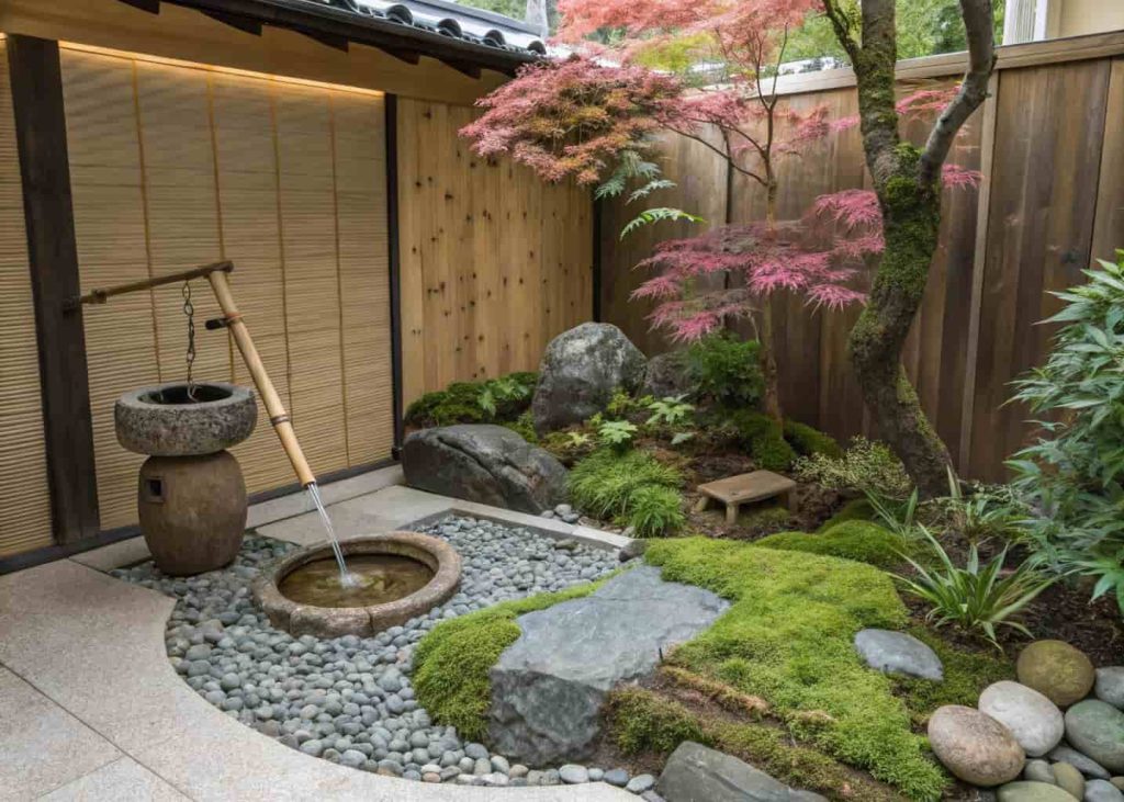 A peaceful Japanese Zen garden corner with raked gravel, smooth stones, bamboo water feature, and a Japanese maple tree