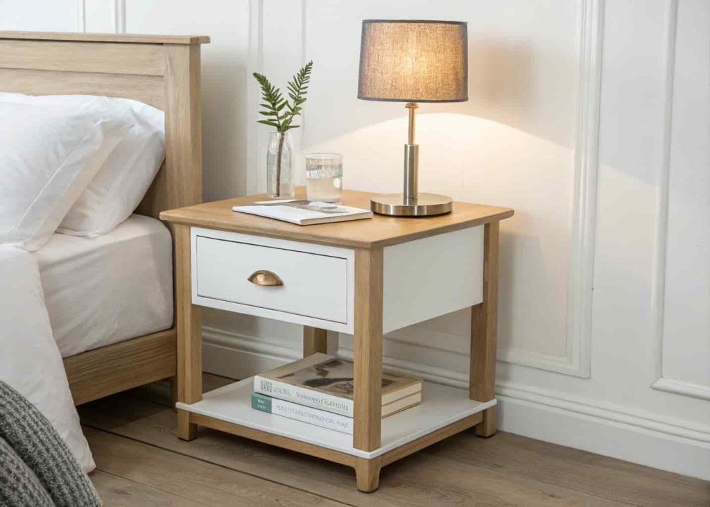 Minimalist wooden nightstand with a lamp, glass of water, and single book in a clean, simple bedroom setting.