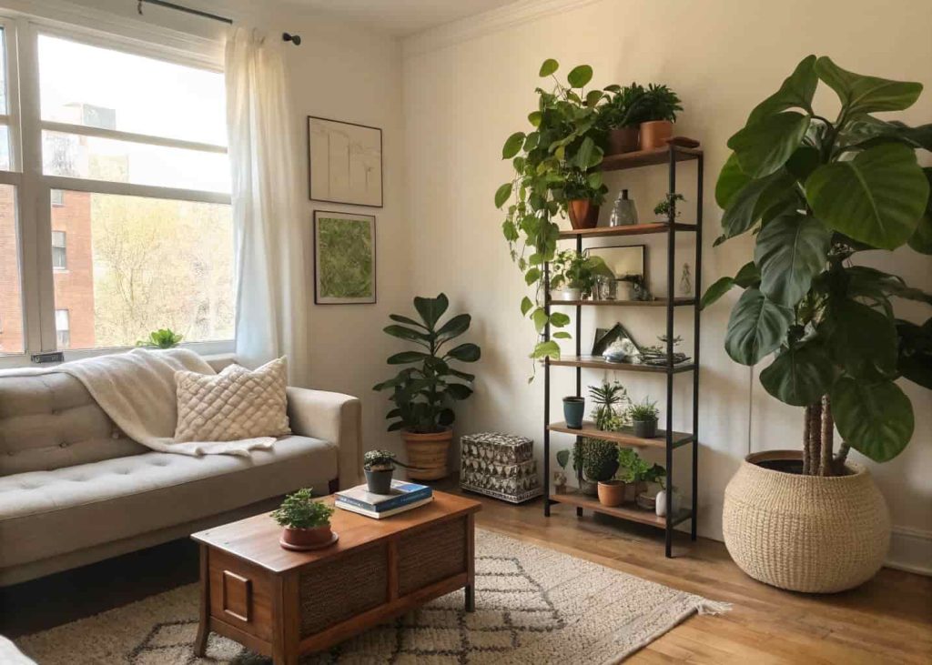 Cozy small apartment living room with indoor plants, large fiddle leaf fig in the corner, trailing pothos on a shelf, succulents on coffee table, warm natural light coming through window, lush green plants, earthy minimal decor.
