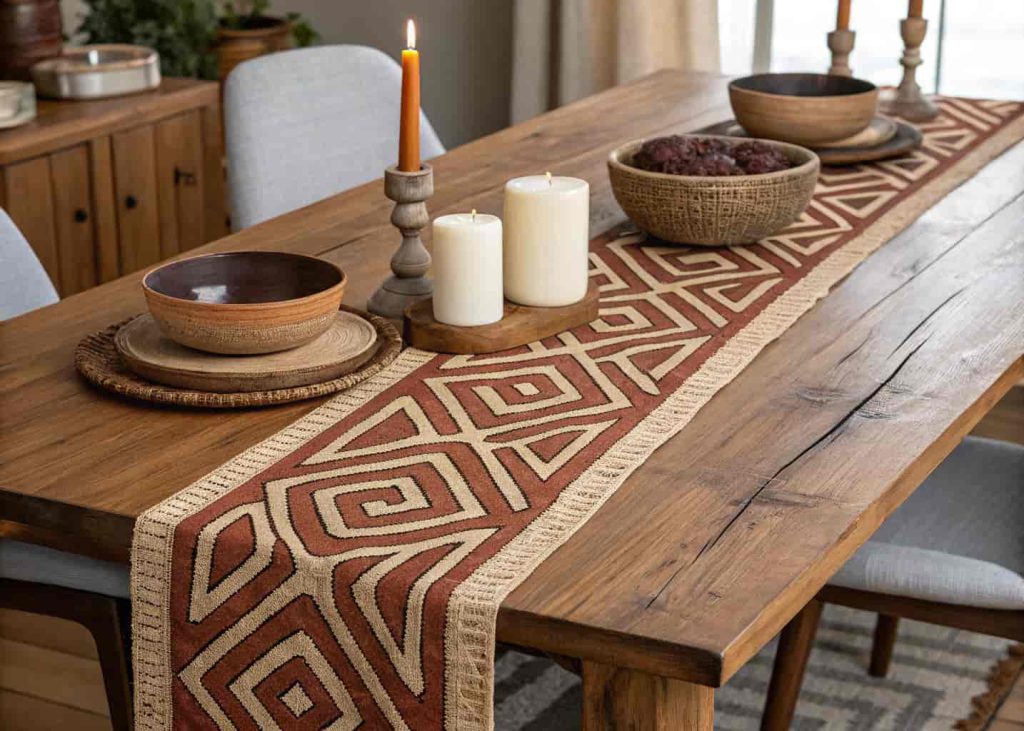 Traditional Kuba cloth table runner in rust and beige raffia with intricate geometric patterns displayed on a wooden dining table with ceramic decor