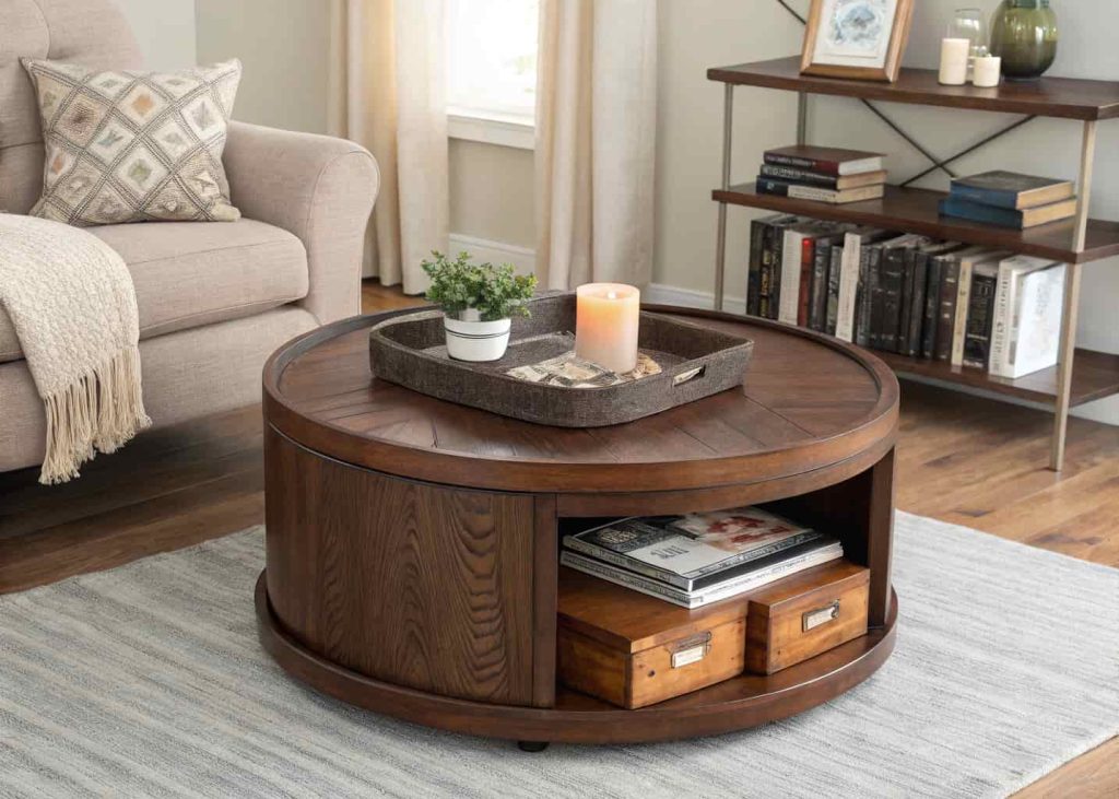 Small living room with a round wooden storage ottoman as a coffee table, decorative tray on top with a candle and small plant, open shelves below with neatly stacked books, cozy apartment, warm tones, minimalist interior design style.