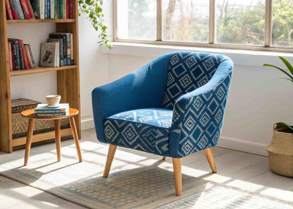 Modern armchair reupholstered in indigo blue South African Shweshwe geometric print fabric placed in a bright contemporary reading corner