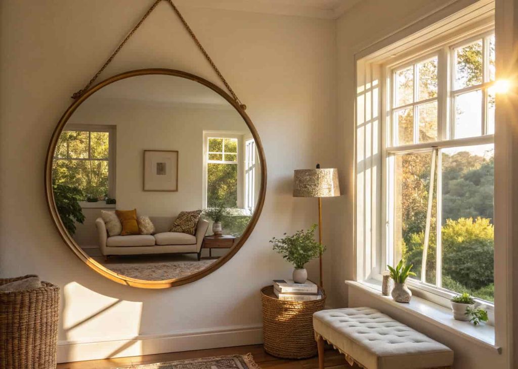 Small cozy living room with a large round mirror with a brass frame on the wall, reflecting natural light from a nearby window, warm tones, simple minimal furniture, bright and airy small apartment interior, afternoon sunlight.