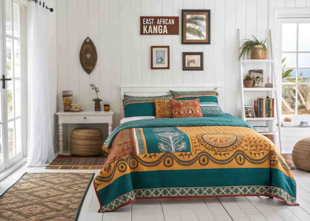 Colorful East African Kanga fabric bedspreads in teal, terracotta and gold layered on a bed in a bright airy coastal-style bedroom