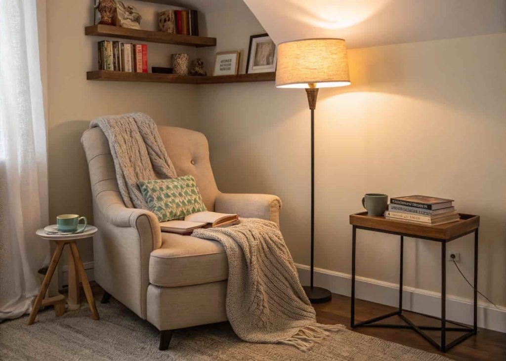 Cozy reading nook in the corner of a small apartment living room, comfortable armchair with a soft blanket, floor lamp casting warm light, small side table with a book and tea cup, floating shelf above with books, warm intimate atmosphere.