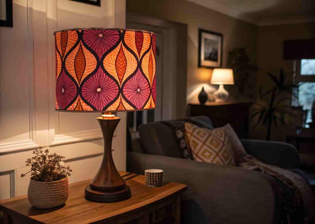 Table lamp with an African wax print fabric lampshade in orange and magenta patterns glowing warmly in a cozy living room setting