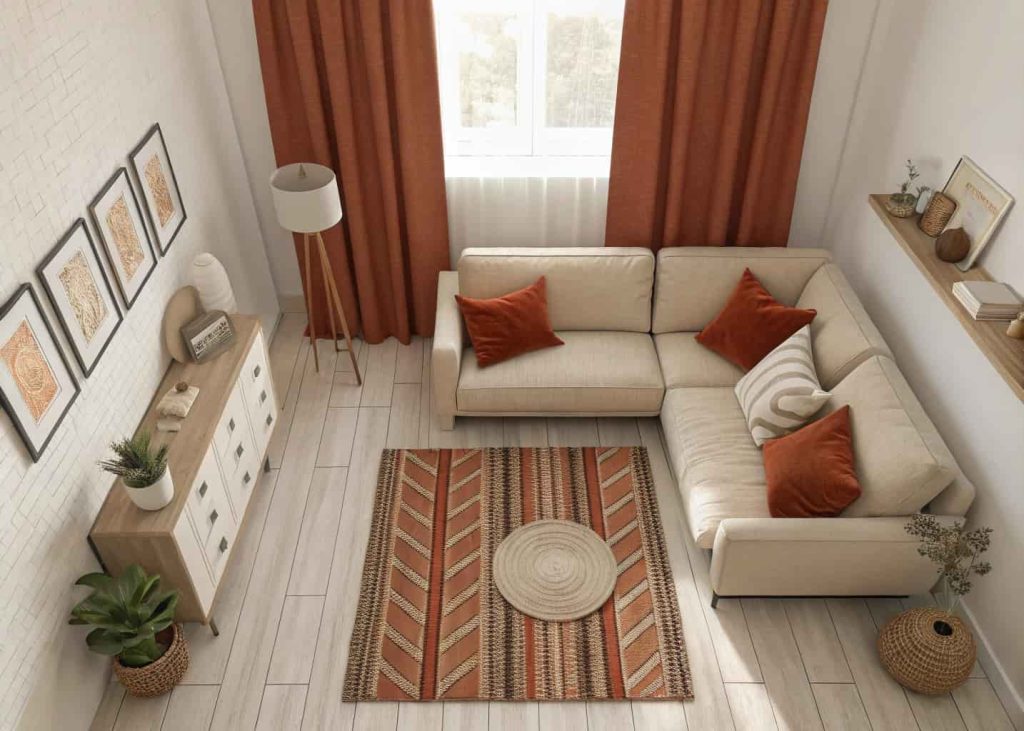 Small apartment living room with a cohesive warm color palette of cream, beige, and terracotta, matching sofa, rug, cushions, and curtains, simple minimal decor, soft natural light, calm and relaxing atmosphere, interior design flat lay.