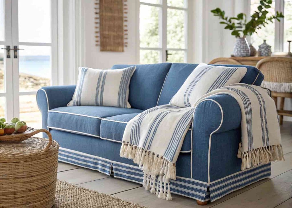 Kikoy woven cotton throw in cobalt blue and white stripes with fringed edges draped casually over a modern sofa in a bright coastal living room