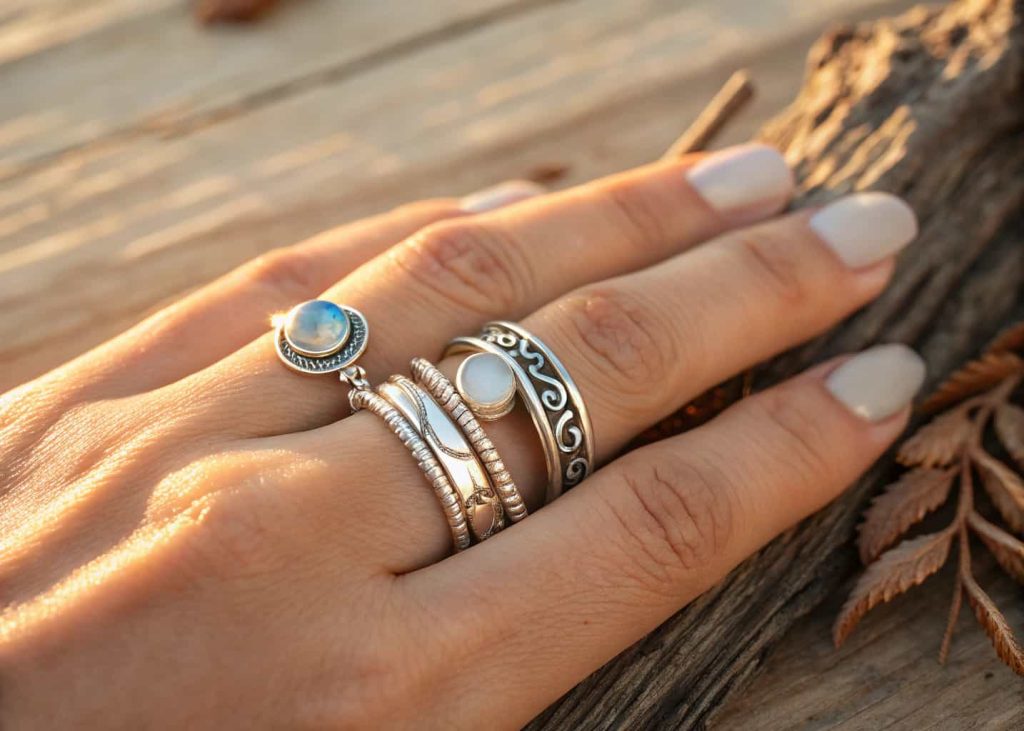 Six boho chic stacking rings with mixed textures and moonstone accents layered on a bride's finger against a natural wood background.