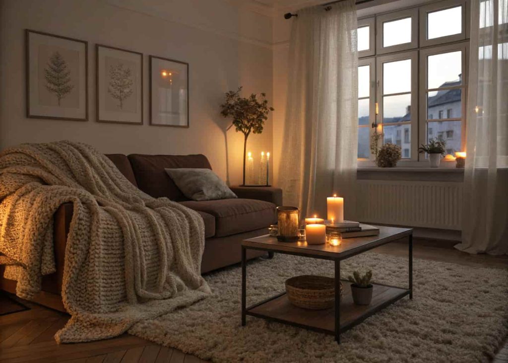Small cozy apartment living room with scented candles glowing on a coffee table, soft velvet sofa, chunky knit throw, warm amber lighting, linen curtains, shaggy rug, calm and relaxing evening atmosphere, hygge inspired interior.