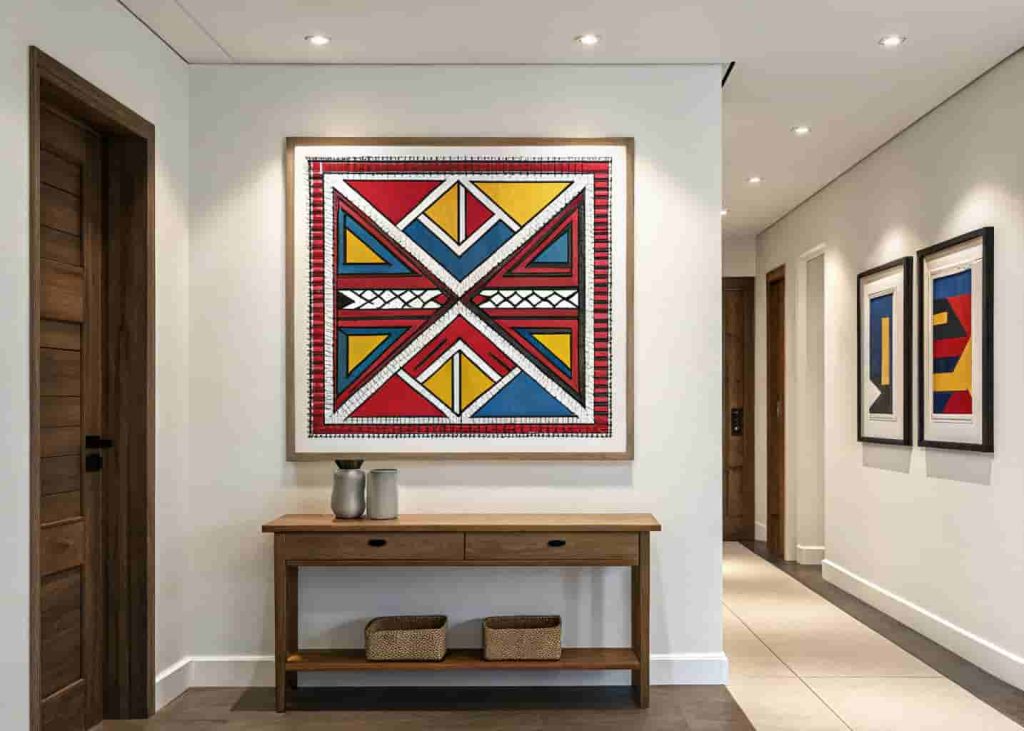 Framed Ndebele beaded textile panel with bold geometric patterns in red, white, blue and yellow mounted as wall art above a hallway console table