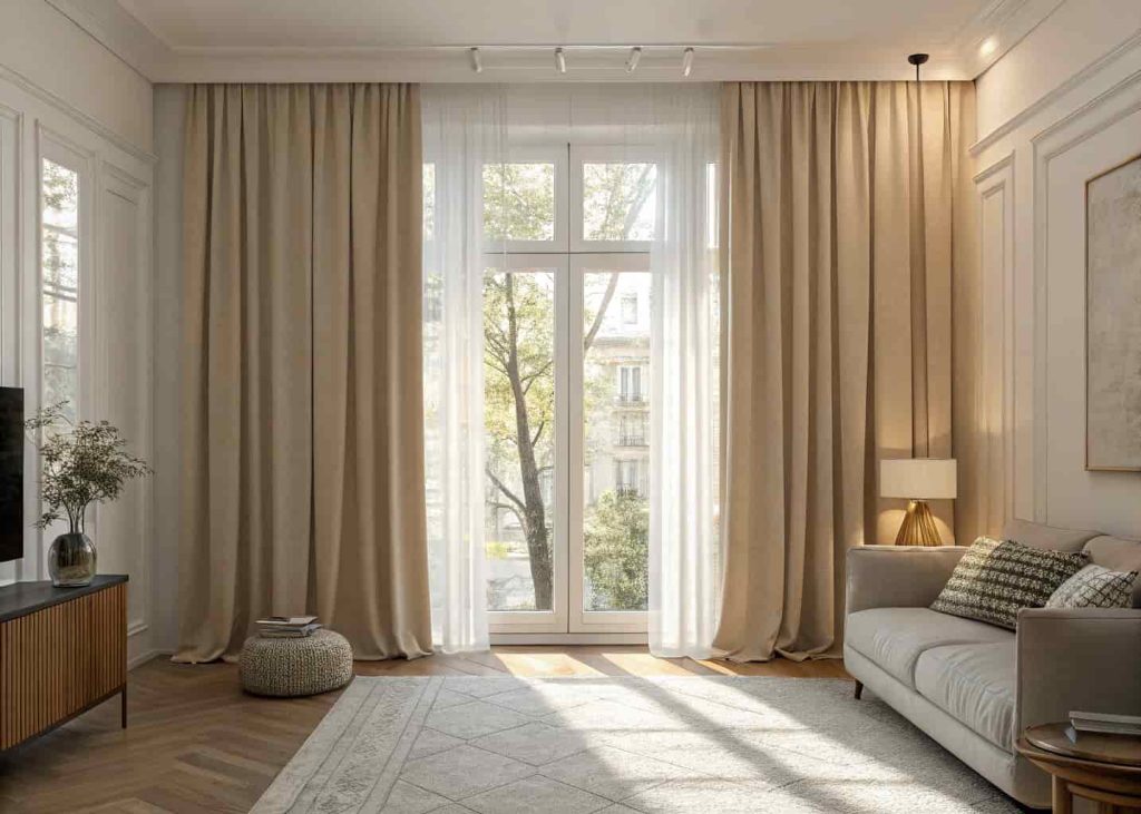 Small apartment living room with floor to ceiling linen curtains hung high above the window, warm natural light filtering through, tall elegant look, cozy and minimal interior, soft neutral tones, curtains pooling gently on the floor.