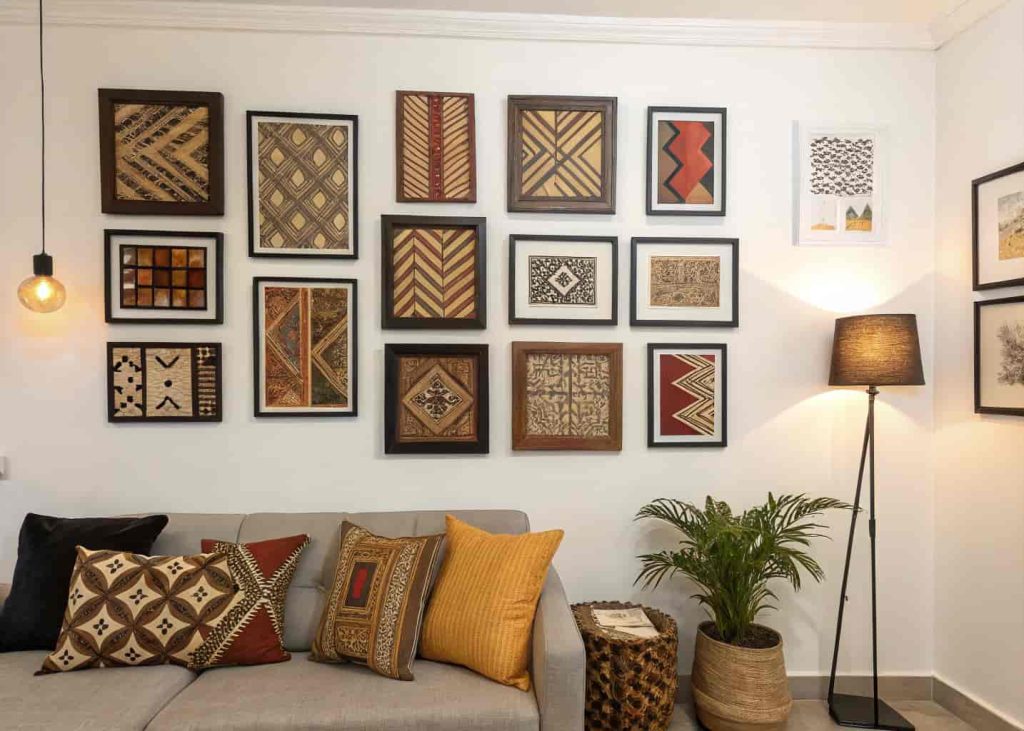 Curated gallery wall of mixed African textiles including mud cloth, Kente and Ankara panels in matching black frames on a white wall with warm spot lighting