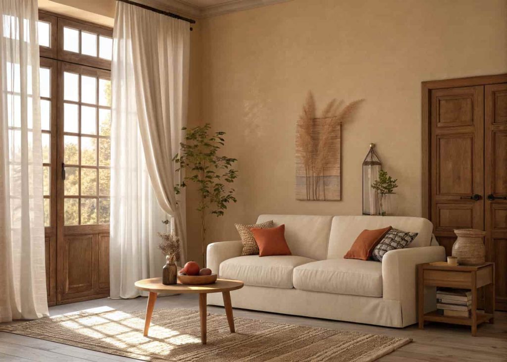 A cozy minimalist living room with warm beige walls, cream sofa, soft natural light coming through sheer curtains, terracotta accents, and a simple wooden coffee table — warm and inviting atmosphere, interior design photography.