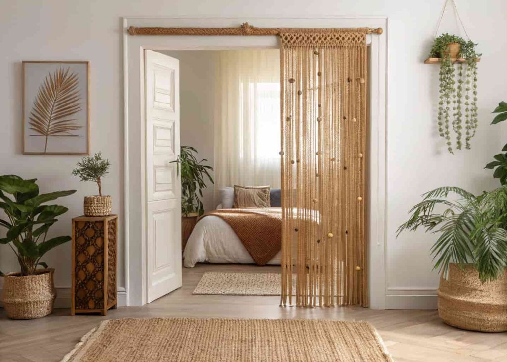 Natural bamboo beaded curtain hanging in a bedroom doorway with warm boho decor and soft lighting.