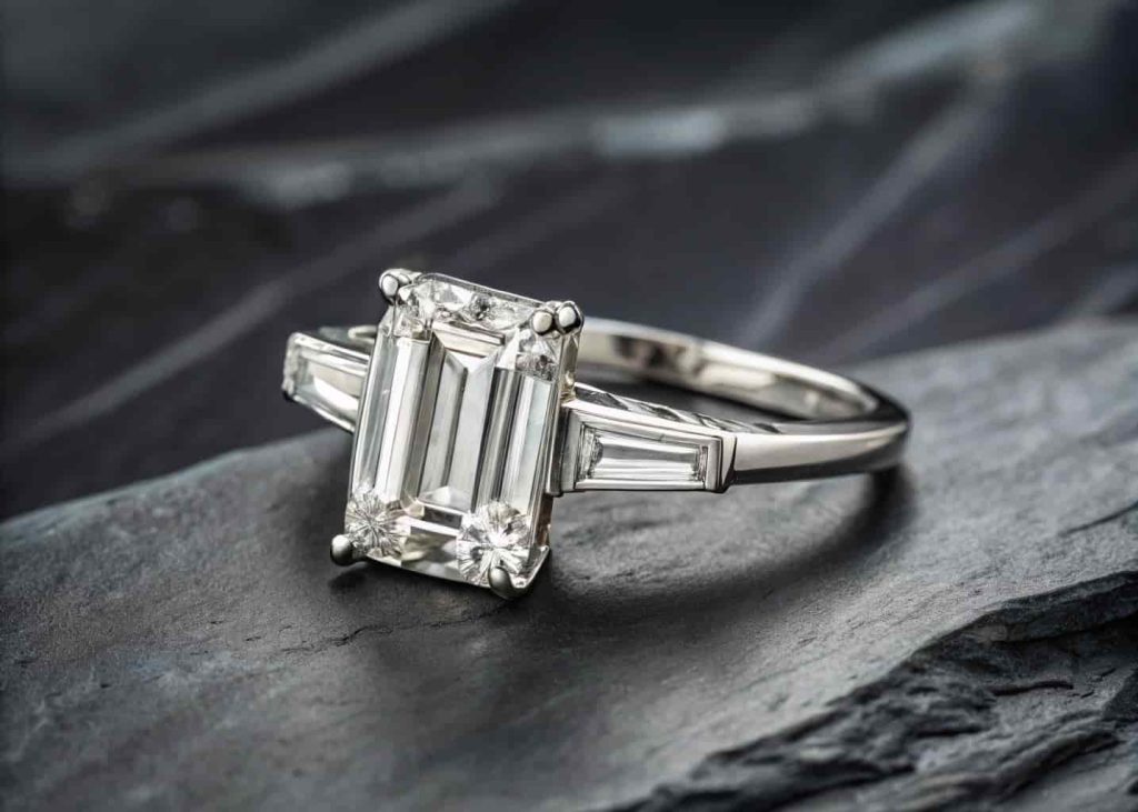 A sophisticated emerald cut diamond engagement ring with baguette side stones on a platinum band