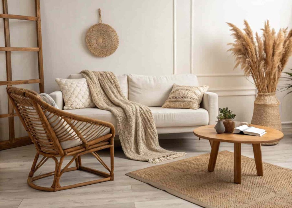 Cozy minimalist living room featuring a rattan chair, chunky knit throw blanket on a linen sofa, jute area rug, raw wood coffee table, and dried pampas grass in a clay vase — natural, earthy, calm interior photography.