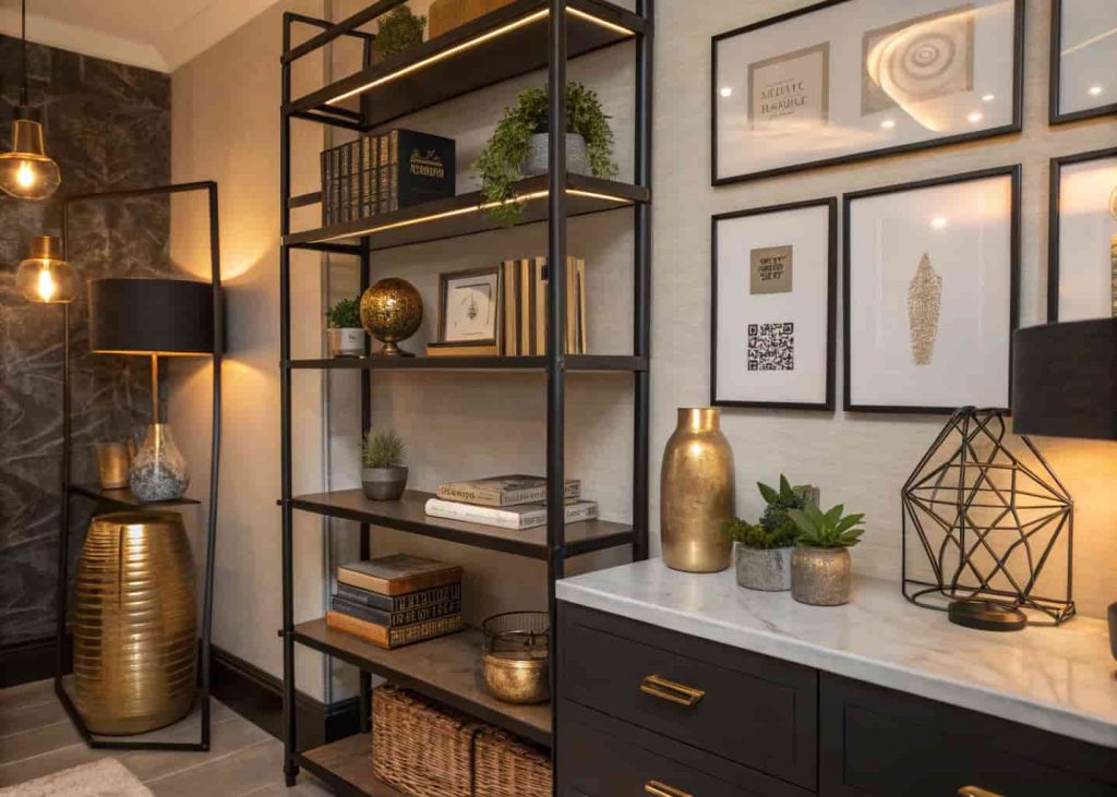 Black steel and brass open shelving styled with books, sculpture, and plants in a Neo Deco home office alcove