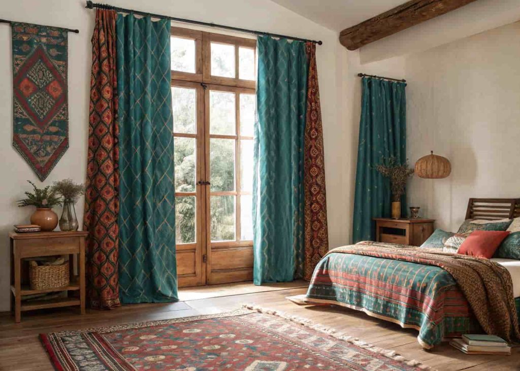 Floor-to-ceiling ethnic print ikat curtains in teal and rust in a colorful bohemian room