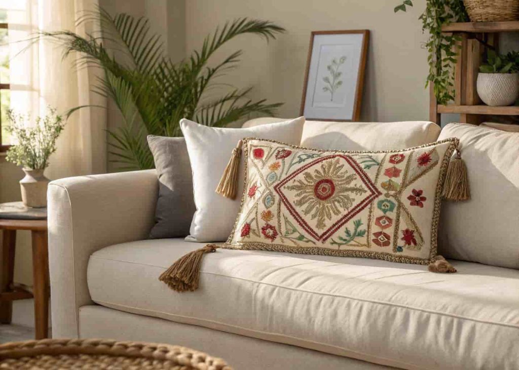 Embroidered tasseled lumbar pillow as the star of a boho pillow arrangement on a neutral sofa in warm light.