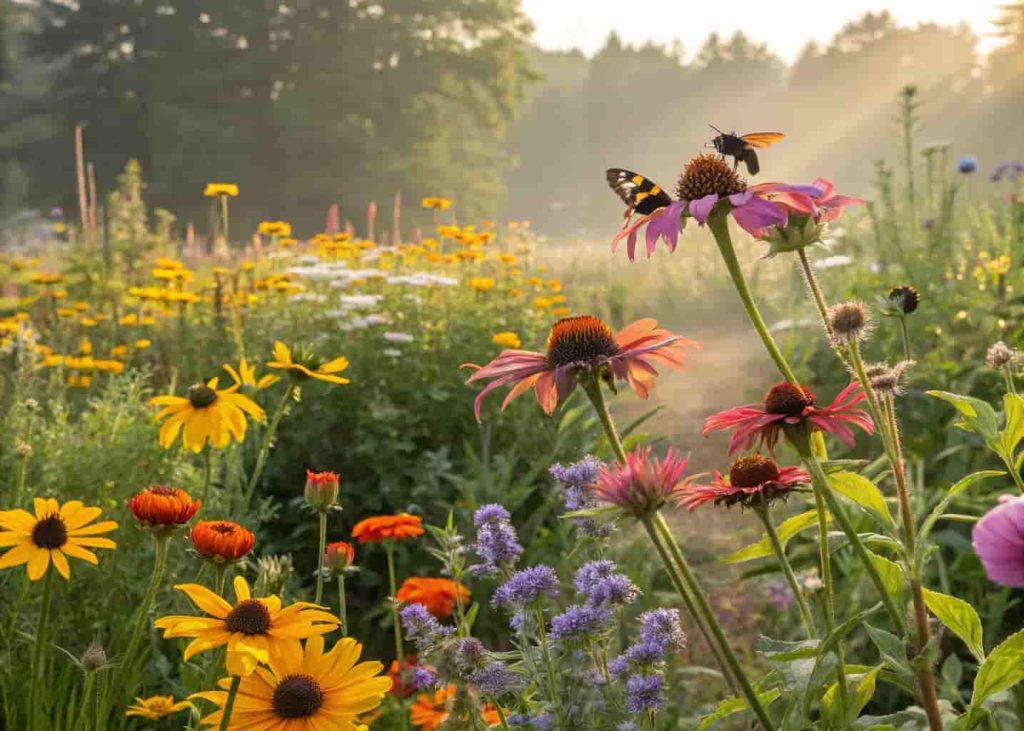 A vibrant pollinator garden with sunflowers, echinacea, and marigolds with bees and butterflies feeding on the blooms in bright sunlight