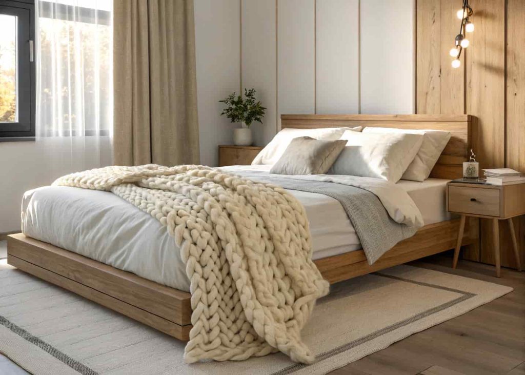 Chunky cream knit throw blanket draped over a minimalist bed with white linen bedding and warm wooden headboard.