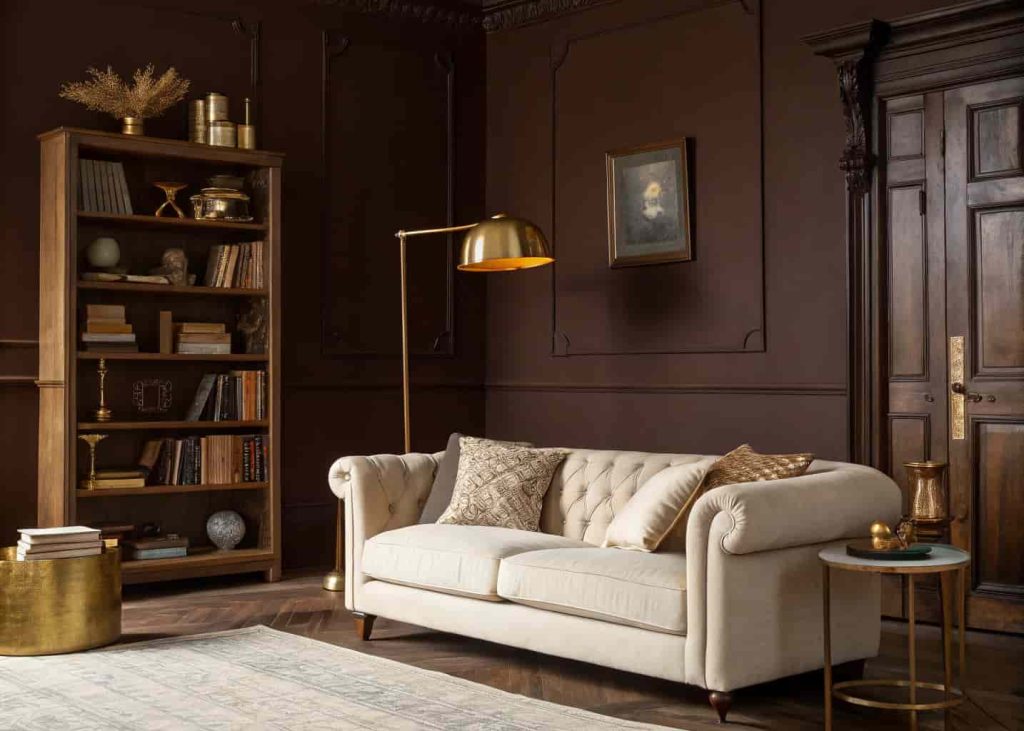 A dramatic chocolate brown living room with ivory sofa, golden lighting, and copper accents creating an intimate evening atmosphere.