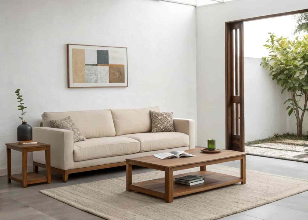 Minimalist living room with a low-profile beige sofa, flat wooden coffee table close to the floor, simple cushions, and an open wall with a small abstract art piece — calm, modern, and airy living space.