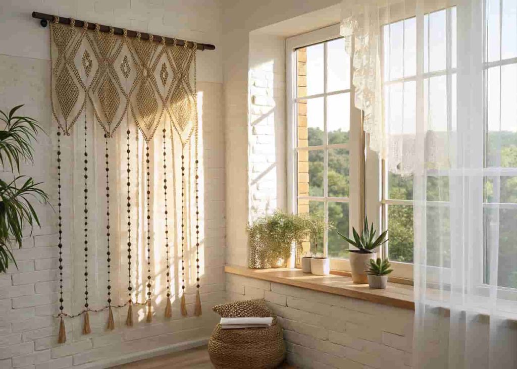 Bamboo beaded curtain used as a window treatment with golden sunlight casting shadow patterns on a white wall.