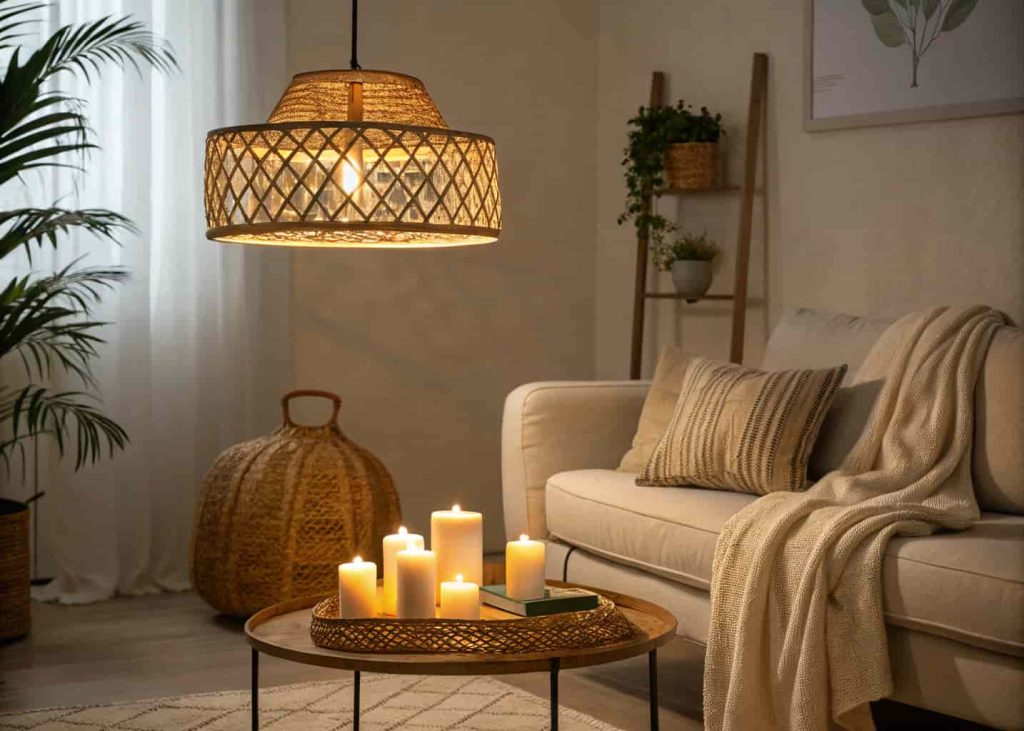 Cozy minimalist living room in the evening with warm golden floor lamp, candles on the coffee table, rattan pendant lamp casting soft shadows, linen sofa with a throw blanket — intimate and peaceful home atmosphere photography.