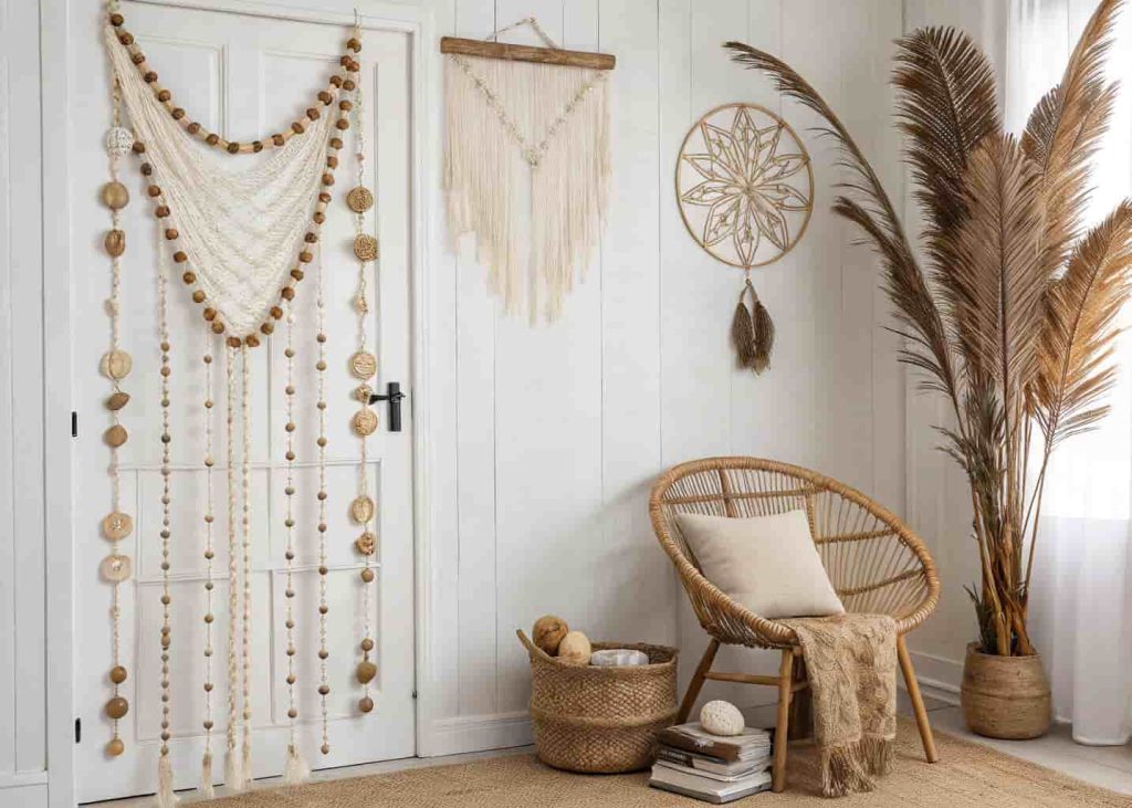 Mixed bead curtain with bamboo, shells, and wooden beads in a coastal boho interior with rattan furniture.