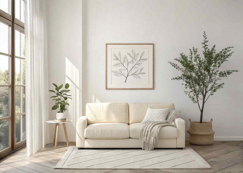A minimalist living room with intentional empty wall space, a single framed line art piece, simple cream sofa, one small plant on a side table, and warm natural light — clean, breathable, and calm home interior.