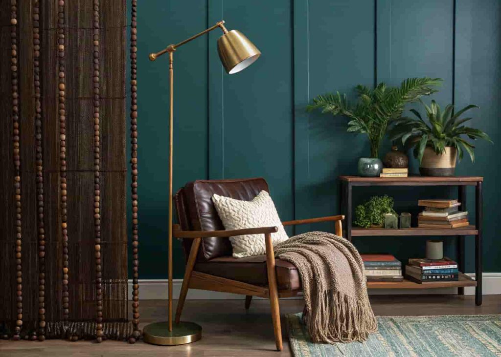 Dark-stained bamboo beaded curtain in a moody boho reading nook with teal walls and warm brass lighting.