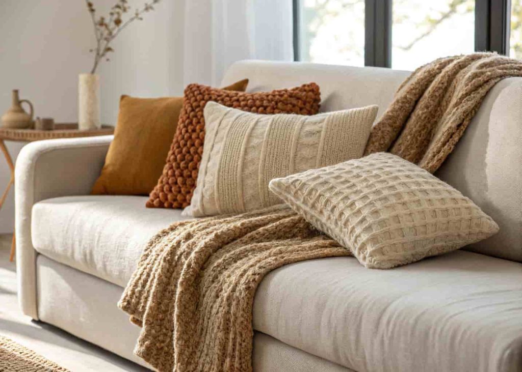 Close-up of a minimalist sofa styled with bouclé cushions, a chunky knit throw, and a linen pillow in warm neutral tones — cozy textured layering, soft natural light, interior lifestyle photography.
