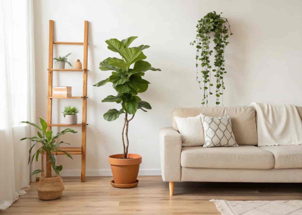 Minimalist living room with a large fiddle leaf fig in a terracotta pot beside a linen sofa, one small trailing plant on a wooden shelf, warm light, white walls — calm and nature-inspired home interior photography.