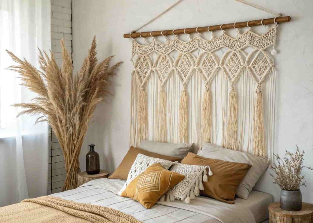Bamboo beaded curtain with macramé details used as a headboard backdrop in a boho white-walled bedroom.